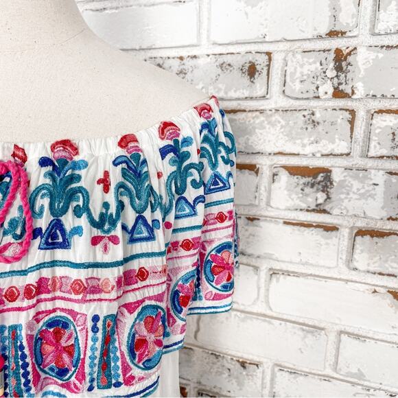 K. Jordan Bright Pink & Blue Embroidered Floral Off Shoulder Tassel Boho Top M - Picture 2 of 10